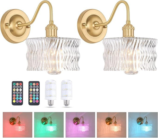 Battery Operated Wall Sconce Set of 2, Vintage Rechargeable Wall Lights with Clear Ripple Glass Shade, Wireless Indoor Wall Lamp with Remote for Bedroom Living Room Bathroom
