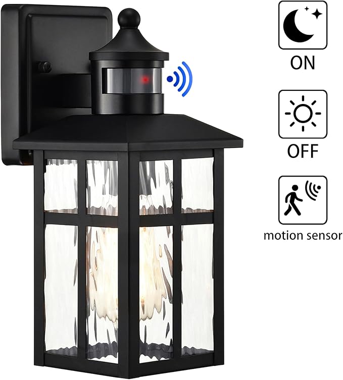 Edvivi Motion Sensor Porch Lights Outdoor, Dusk to Dawn Outdoor Lighting Wall Sconces with Water Glass, Matte Black Wall Mounted Lantern Light Wet Rated Exterior Lighting Fixtures for House 2-Pack