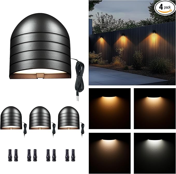Low Voltage Landscape Deck Lights - 12V Step Lights LED Outdoor, Warm White & Daylight White Adjustable, IP65 Waterproof Hardwired Black Aluminum for Yard Wall Fence Railing 4 Pack