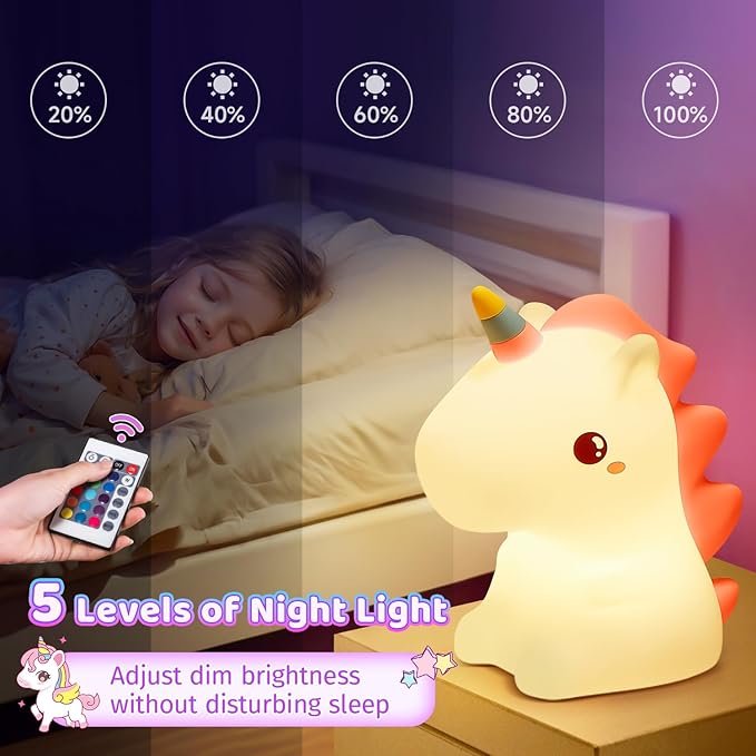 One Fire Unicorn Night Light for Kids,【Cute Gifts&Remote】 16 Colors Cute Night Light,5 Lightness & Last 10H Nightlight for Kids Room,Soft Lamp