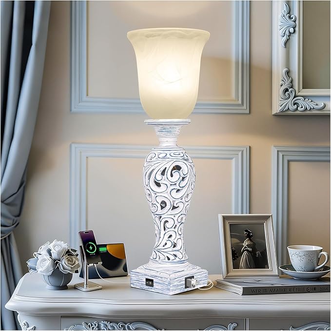 20" Table Lamp with 2 USB Ports, Vintage Bedside Lamp for Bedroom, 3-Way Dimmable Desk Lamp with Glass Shade, Rustic Farmhouse Nightstand Light for Living Room Entryway or Office, LED Bulb Included