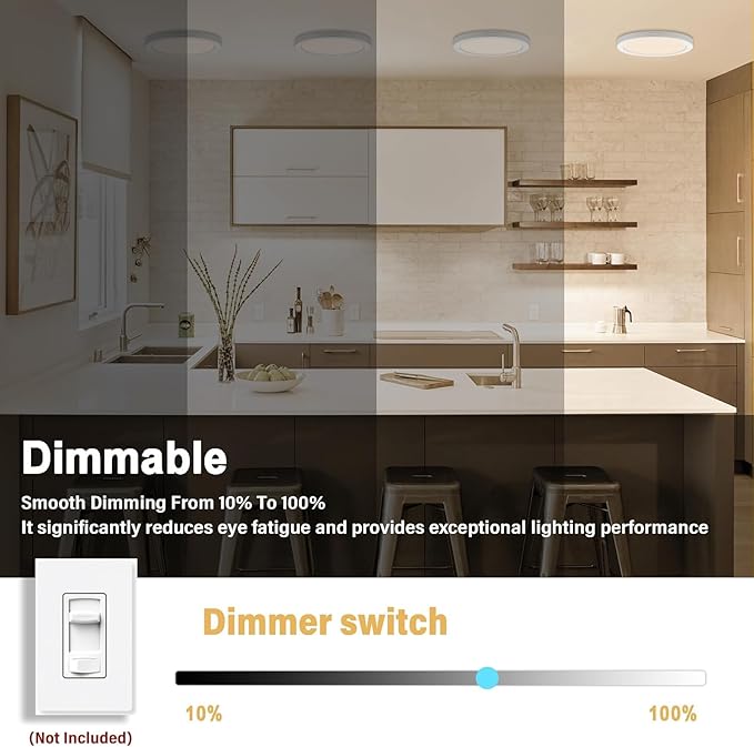 Flush Mount Ceiling Light Fixture - ETL Certified - 5 Inch Dimmable 3000K Warm White LED, 0.63'' Ultra Thin Round Design for Bedroom, Bathroom, Kitchen, Hallway, Basement, Closet (3-Pack)‌