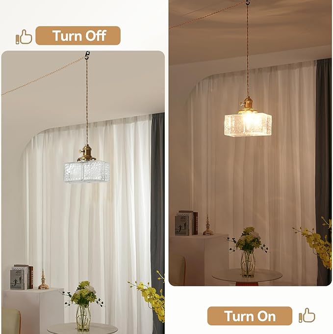 Plug in Pendant Light for Ceiling, 7.09 Inch Vintage Light Fixtures Clear Glass Lampshade Hanging Lights with Plug in Cord Two Ways Switches Industrial Pendant Lights for Bedroom Living Room