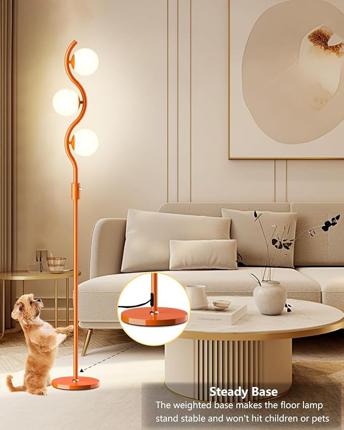 Lightdot 3-Globe Dimmable Floor Lamp Orange Mid Century Modern Standing Lamp with 3PCS 3000K Bulbs Included Stepless Brightness Adjustable Stable Base for Living Room/Bedroom/Sofa Beside/Corner Decor