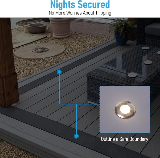 LEONLITE 12-Pack Recessed Low Voltage LED Deck Light with Flat Round Aperture, 1-Inch 12-24V AC/DC Landscape Step Stair Light, CRI90 IP67 Waterproof, Stainless Steel Housing, 3000K Warm White, Silver