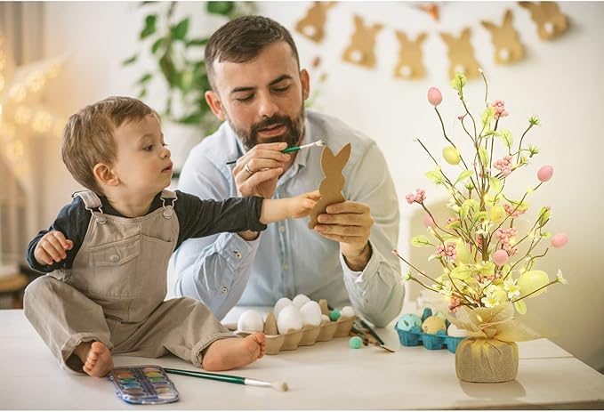 RoseCraft Easter Decorations, 18 Inch Pre-Lit Easter Egg Tree Tabletop Decor with Delicate Ornaments, for Home Party Wedding Holiday Spring Summer Decoration, Yellow/Pink.