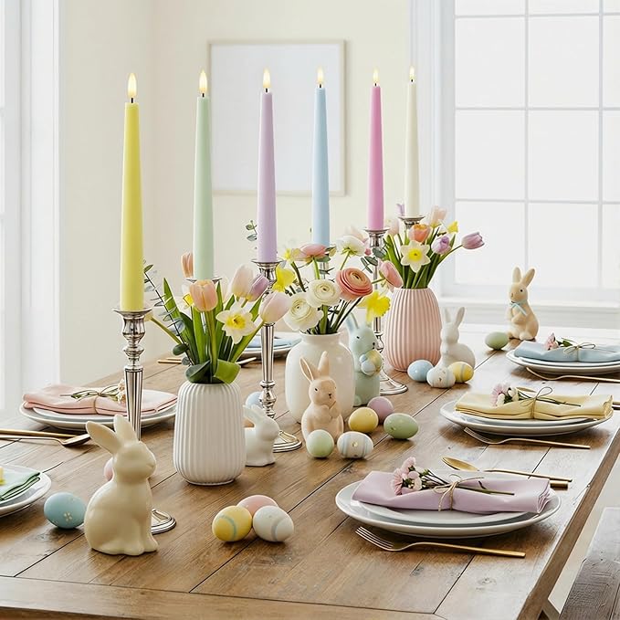 Easter Decorations, Easter Pastel Flameless Candles - Pastel Taper Candles Battery Operated with Timer and Remote Control, Home Table Decor, Wax, Macaron, 6pc