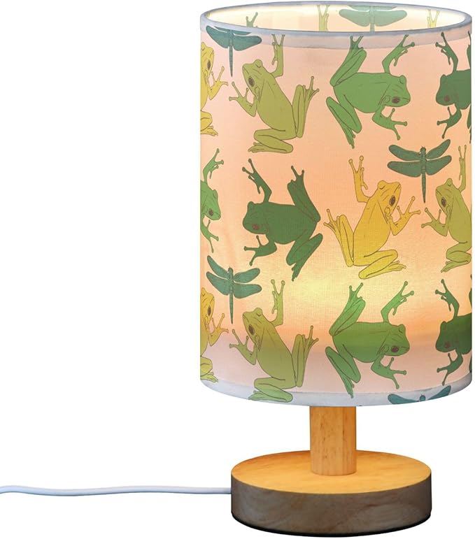 Frog and Dragonfly Pattern on White Table Lamp with Wood Base Fabric Lamp Shade Bedside Nightstand Desk Lamp for Living Room Bedroom Kids Room Office