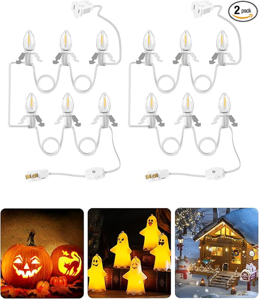 2Pack Christmas Village Lights, Decoration String Lights 12Ft with 6 C7 LED Bulbs, Warm White, with Socket and Switch, for Christmas Snow House,Pumpkin Crafts,Holiday Decoration W04VLP205
