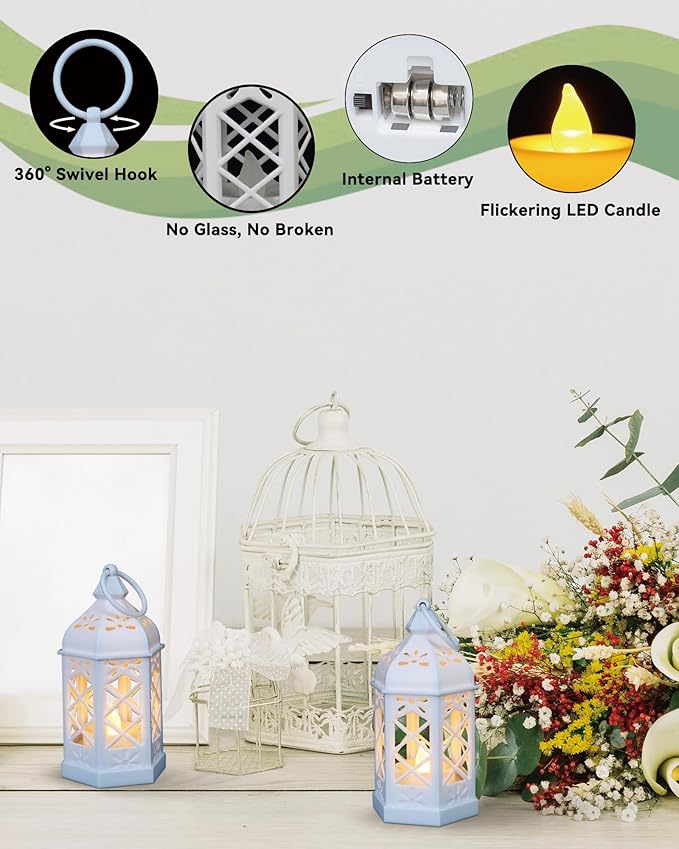 12-Pack Mini Moroccan Lanterns with LED Candle for Ramadan, Wedding, Festivals, Small Decorative Lanterns Shatterproof for Baby Shower & Table Centerpiece, Ornament, Party Decor, White