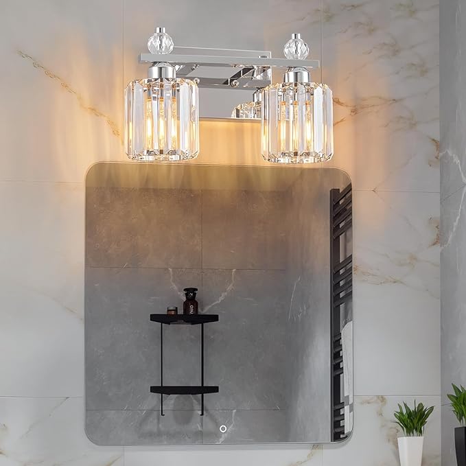 Bathroom Vanity Lights 2-Light Chrome Modern Crystal Vanity Light Fixtures Over Mirror Crystal Bathroom Vanity Lighting Fixtures