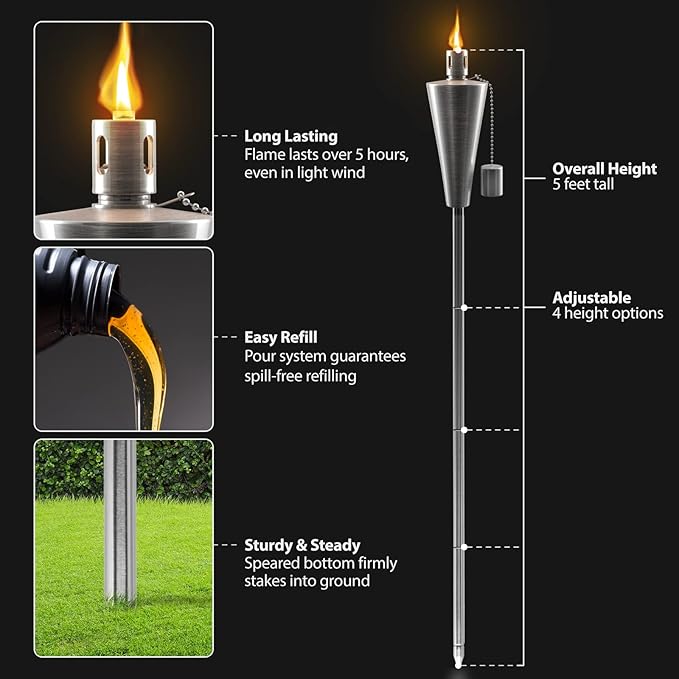 Matney Stainless Steel Torches for Outside - Outdoor Torches - Patio Garden & Yard Lights - 5 ft Oil Lamp for Citronella - Fiberglass Wick & Snuffer Cap - Set of 4 (Cone)