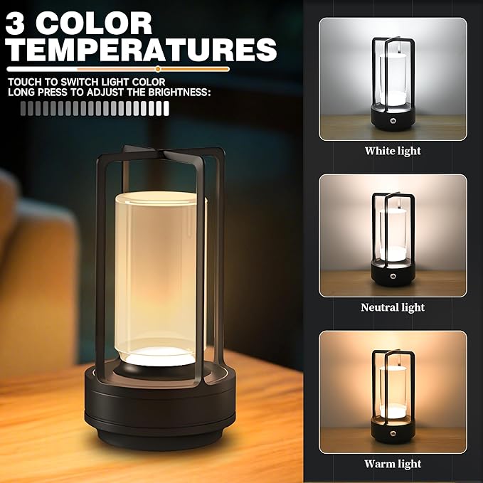 Cordless Portable Table Lamp-Rechargeable LED Lighting. Featuring 3 Adjustable Color Temperatures & Stepless Dimming Function, Battery-Operated Desk Lamp Adapts to Indoor/Outdoor Settings (Black)