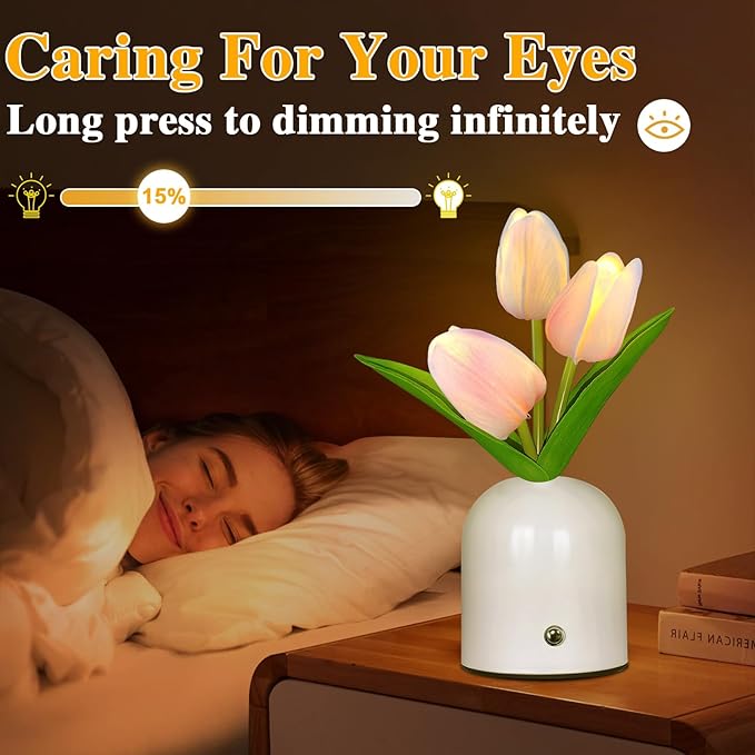 Birthday Gifts for Women/Mom Table Lamp, 3 Color Crystal Flower Bedside Lamps Infinitely Dimming with USB Charge Small Night Light,Nightstand Touch Lamp for Bedroom (S-Pink)