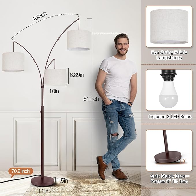 OUTON Tall Arc Floor Lamp - Adjustable, Modern, 3-Light Arched Lamp for Bedroom, Office, and Living Room, 2400lm Mid Century Design with 3 Energy-Efficient LED Bulbs Included, Beige Lampshade