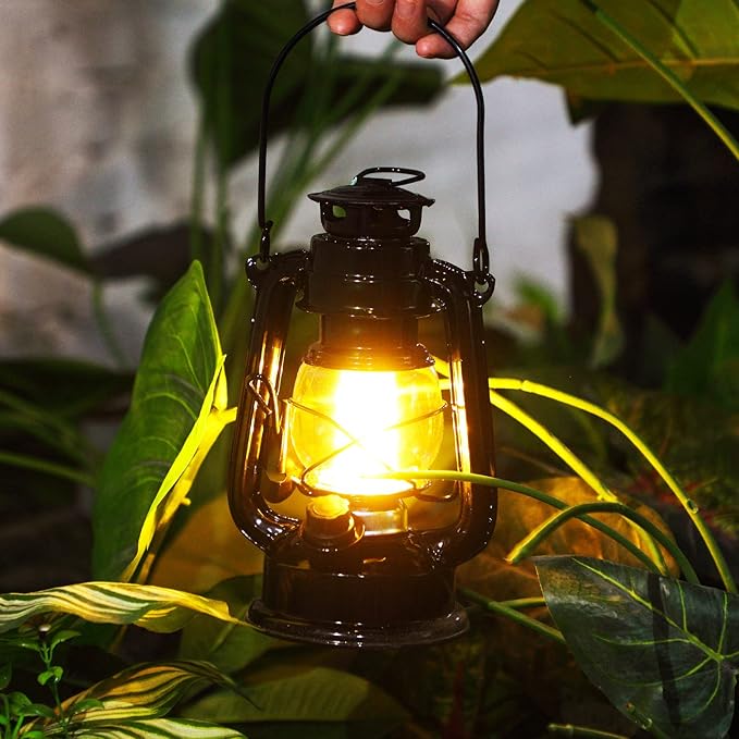 Hortsun 8 Pcs 8 Inch Vintage LED Hurricane Lantern Metal Black Outdoor Battery Operated Hanging Lantern with Warm LEDs and Dimmer Switch for Indoor Rustic Farmhouse Country Camping Decor