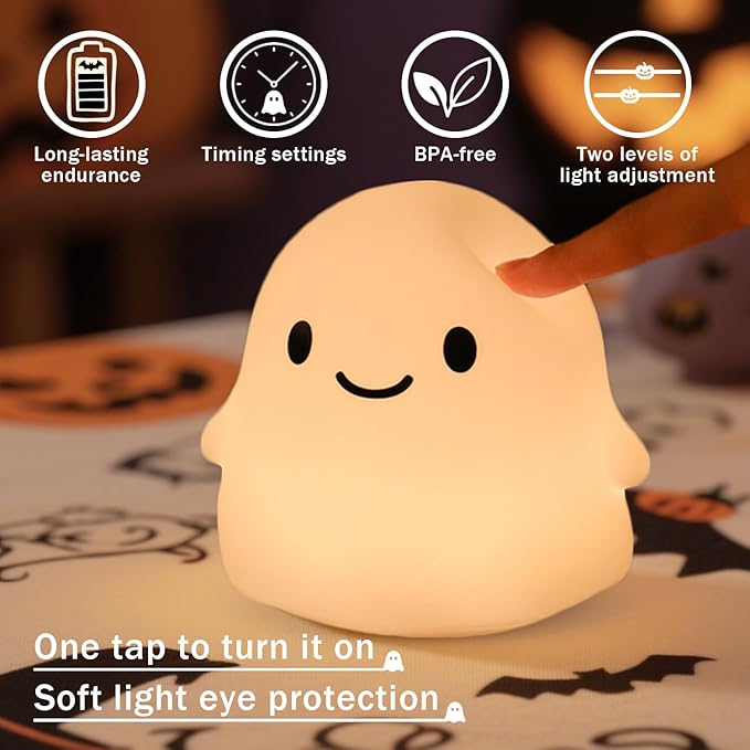 Ghost Night Light, Squishy Halloween Gifts with 50Hrs Battery, Tap Control 2 Brightness, 30Min Auto-Off, Rechargeable Cloud Lamp for Kids Bedroom, [Women Gifts]