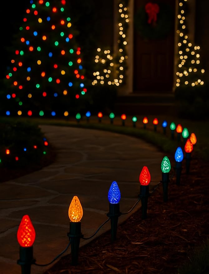 25 Pack C7 LED Christmas Light Bulbs, Dimmable Multicolor Diamond-Cut Transparent Replacement Light Bulbs, UL Listed Holiday Lights with E12 Candelabra Base for Indoor Outdoor Decorations