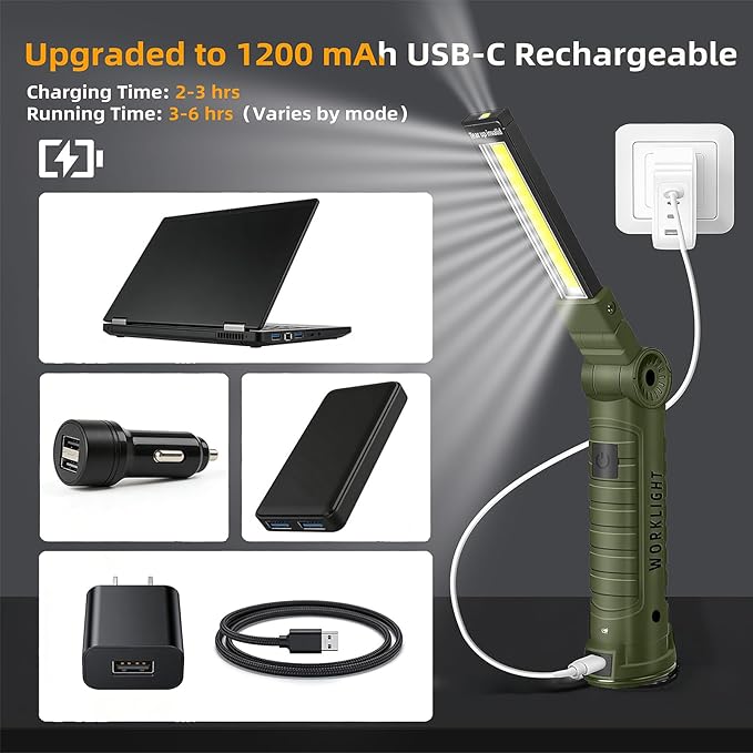 LED Work Light Rechargeable Flashlight, Easter Tool Gifts for Men Boyfriends Him Husband Mechanic Torch Grill Light Inspection Lamp Magnetic Base 5 Modes 360° Rotate Car Emergency Repair Green 4PCS