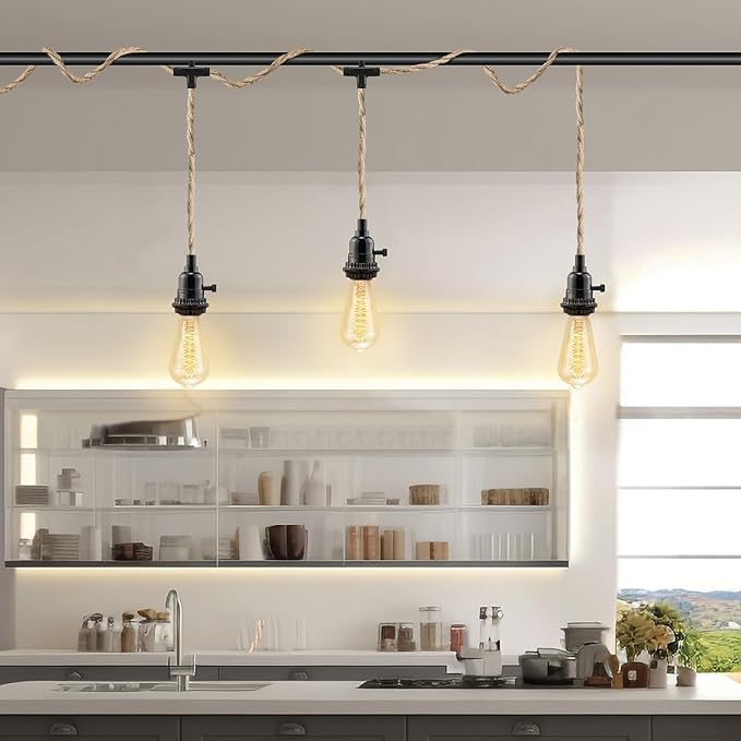 3 Light Plug in Pendant Light Cord, 25FT Hanging Lights with Plug in Cord, Hemp Rope Hanging Light Kit with 2 Way Switch, Farmhouse Pendant Light Kits DIY HangingLight
