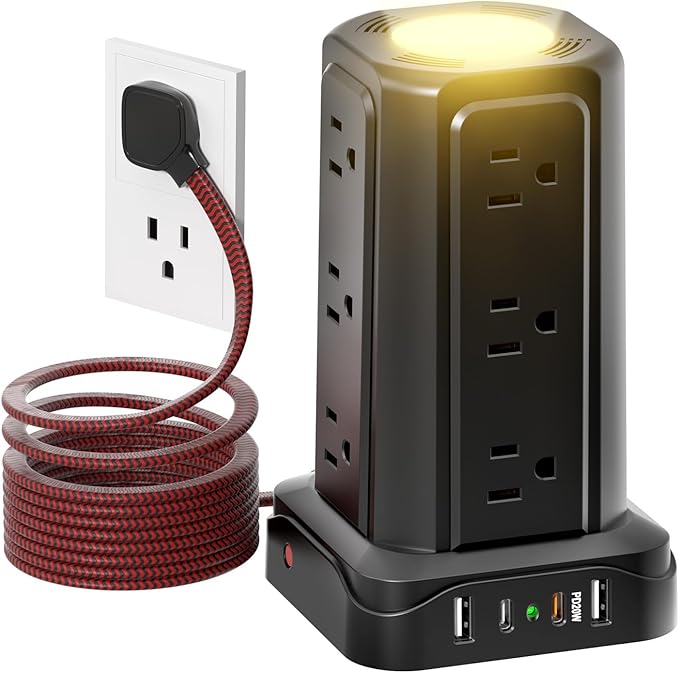 PASSUS Power Strips with Surge Protection, Flat Plug Power Strip with 12 Outlets 4 USB Ports, Charging Tower 1625W/13A 6FT Braided Extension Cord with Multiple Outlets Office Supplies Dorm Essentials