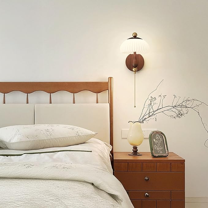 Retro Nordic Unique Creative Design Walnut Wood Grain LED Wall Sconce Mushroom Pleated PE Lampshade Pull Chain for Living Room Bedroom Hotel Bedside Hallway Study Ambient Deco