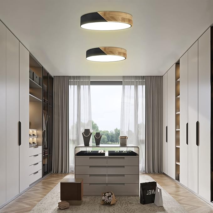 Led Ceiling Light Flush Mount: 12 Inch 24W Bedroom Light Fixture with Round Wood Modern Black Flat Overhead Minimalist Ceiling Lamps for Kitchen Hallway Laundry Warm White 3000K, Not Dimmable