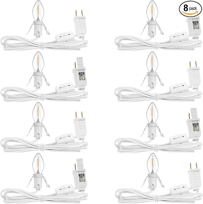 Feekoon 8 Packs 6ft Village Light Cord with 1W C7 LED Bulb, Salt Lamp Cord with ON/Off Switch and 2 Spare Fuses, Blow Mold Light Ideal for Christmas Village House Craft Decorations