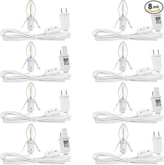 Feekoon 8 Packs 6ft Village Light Cord with 1W C7 LED Bulb, Salt Lamp Cord with ON/Off Switch and 2 Spare Fuses, Blow Mold Light Ideal for Christmas Village House Craft Decorations