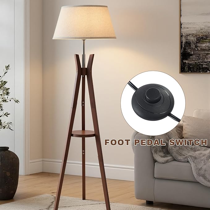 Floor Lamp with Shelf Table, Mid-Century Modern Corner Floor Lamp with Beige Linen Shade, Tall Standing Lamp with Bamboo Tripod Frame, E26 Base for Living Room Bedroom Office