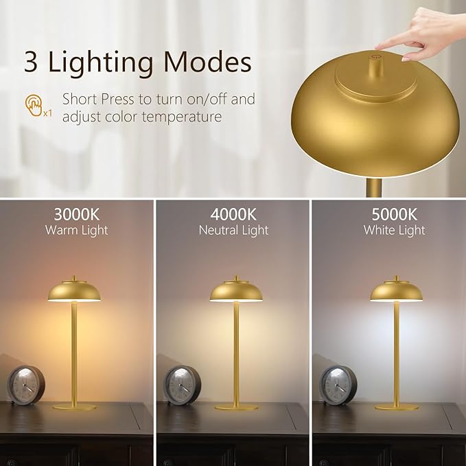 2 Pack Led Cordless Table Lamp: Modern Portable Desk Lamp for Indoor/Outdoor Use, 3 Color Dimming Rechargeable Battery Lights for Dining Room, Living Room, Patio, Camping(Gold)