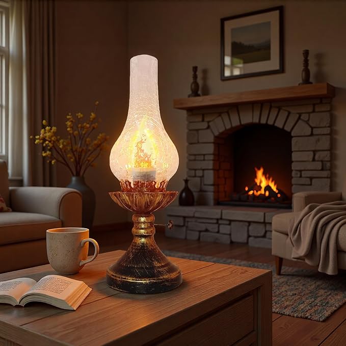 Vintage Table Lamp - 3 Modes Dimmable Retro Rustic Desk Lamp with Crackle Glass Shade, Antique Victorian Style, E26 Bulb Included, Ideal for Bedroom, Living Room, Home Decor (Transparent-Gold)