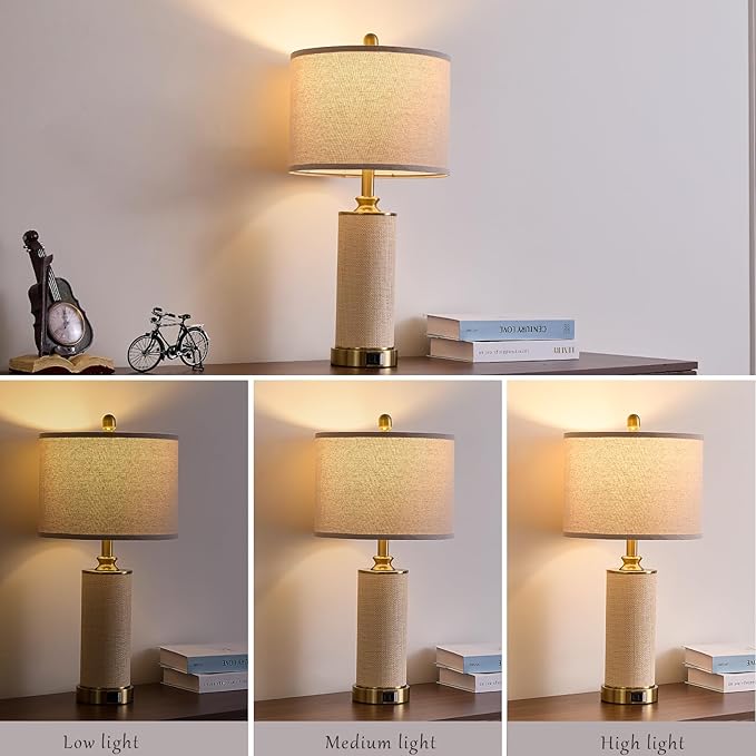 Gold Boho Farmhouse Rattan Table Lamps set of 2, Touch Control desk Lamps, 3 Way Dimmable Grass Rope Large BedsideTable Lamp with Usb A+C for Living Room/Bedroom/Office(2 LED Bulbs Included)