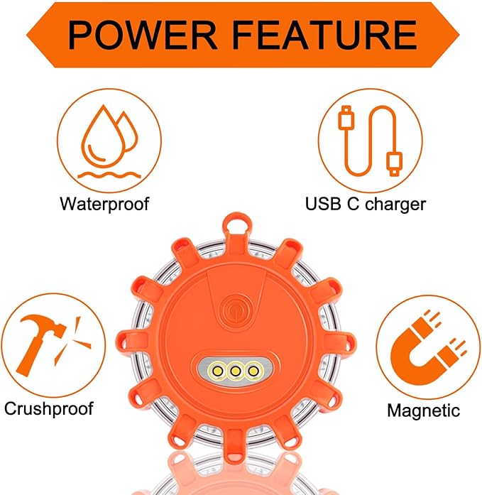 USB C Rechargeable LED Road Flares Emergency Lights with Magnetic Base, 9 Strobe Options Roadside Emergency Warning Car Safety Beacon Flashing Disc Flare Kit for Vehicles & Boat, 6 Pack