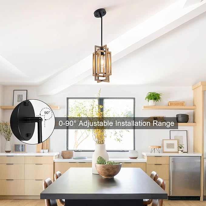 Farmhouse Pendant Light Fixtures, Retro Wood Texture and Black Finish Pendant Lights 59'' Adjustable Small Square Pendant Ceiling Hanging Light for Kitchen Island Dining Room Entryway