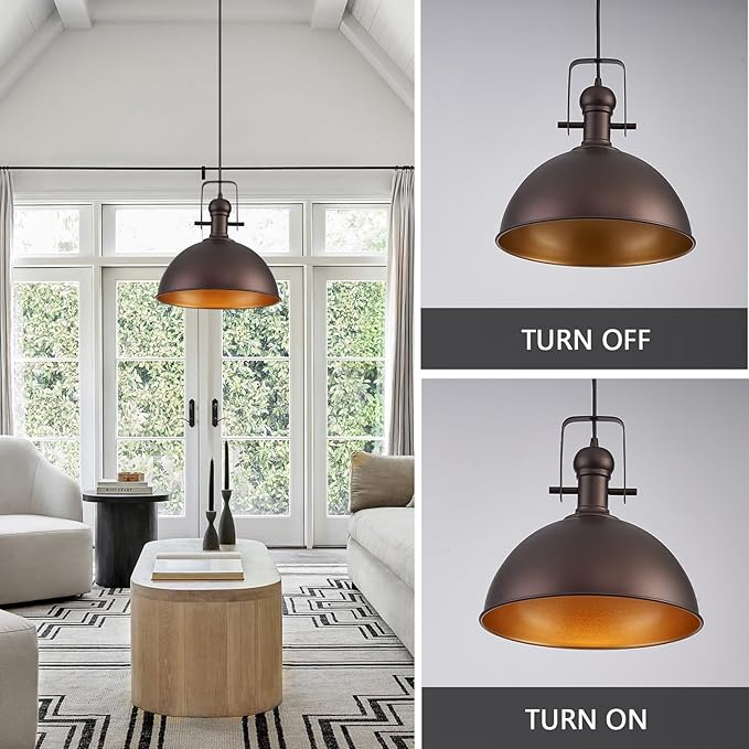 12 Inch Oil Rubbed Bronze Farmhouse Pendant Lights Large Pendant Lights for Kitchen Island Industrial Adjustable Height Vintage Big Dome Hanging Light Fixtures for Barn, Dining Room 3 Packs