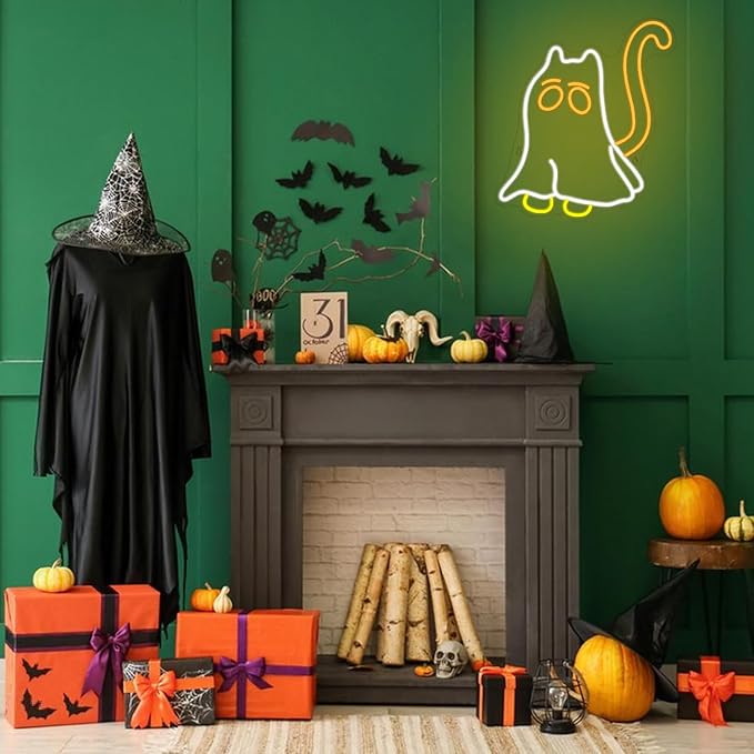 Cat Ghost Neon Sign Scary Ghost LED Neon Sign Dimmable Cat Mom Neon Light for Halloween Decor Animal Cat Ghost Neon Lights for Scary Bedroom Halloween Party