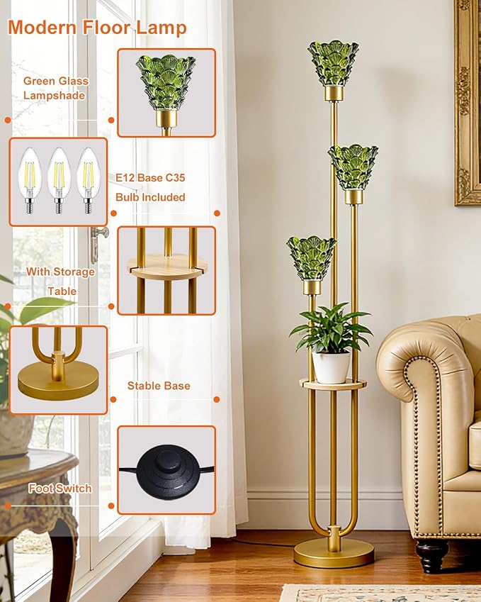 Glass Floor Lamp with Table, 62'' Gold Standing Tall Lamps with Green Glass Shade, 3000K Warmwhite Mid Century Modern Floor Lamp for Living Room/Bedroom/Sofa Beside/Home Corner