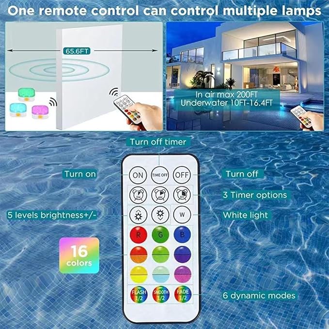 16 Color Pool Lights, Rechargeable, Dive, Bathtub Decorate LED Underwater Lights, 6 Dynamic Modes 3 Timer Options Ip68 Waterproof Pool with Remote (4 Pack)