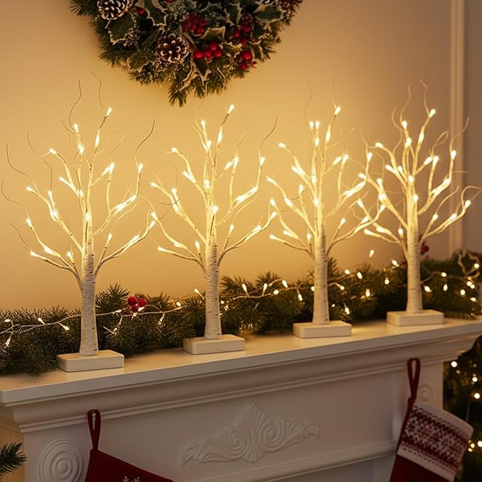 EAMBRITE Birch Tree with LED Lights for Christmas Decorations Indoor, Lighted Tabletop Tree 22 in 24 LED White Twig Battery Operated Mini Small Artificial Trees for Home Table Centerpiece Mantel 4pcs