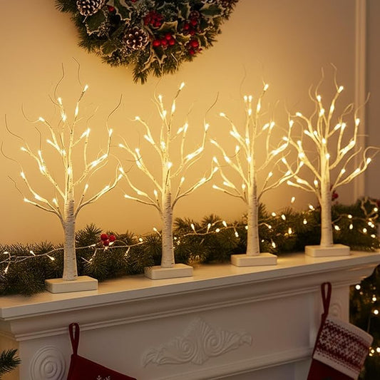 EAMBRITE Birch Tree with LED Lights for Christmas Decorations Indoor, Lighted Tabletop Tree 22 in 24 LED White Twig Battery Operated Mini Small Artificial Trees for Home Table Centerpiece Mantel 4pcs
