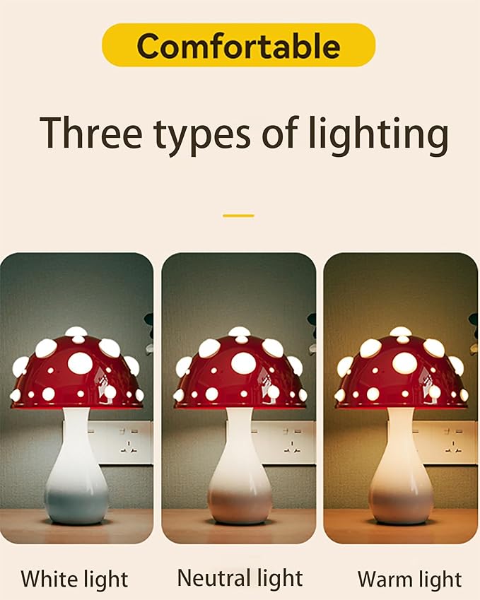Mushroom Lamp 3 Color Lighting Mushroom Night Light Small Mushroom Lamps for Bedrooms for Home Decor, Kids, Bedroom, Living Room, College Dorm Room, Girl Gift (White), YUE/1001