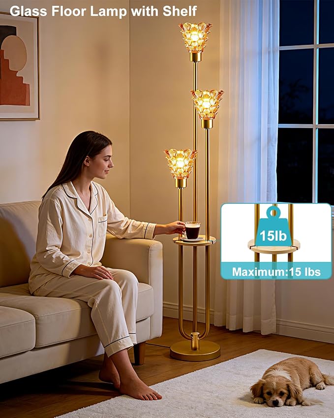 Glass Floor Lamp with Table, 62'' Gold Standing Tall Lamps with Brown Glass Shade, 3000K Warmwhite Mid Century Modern Floor Lamp for Living Room/Bedroom/Sofa Beside/Home Corner