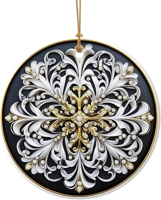 Tribal Bohemian Flowers Christmas Ornaments, Christmas Decorations Xmas Tree Hanging Ornaments, Round Ceramic Festive Keepsake Gift for Xmas Decorations Holiday Home Decor
