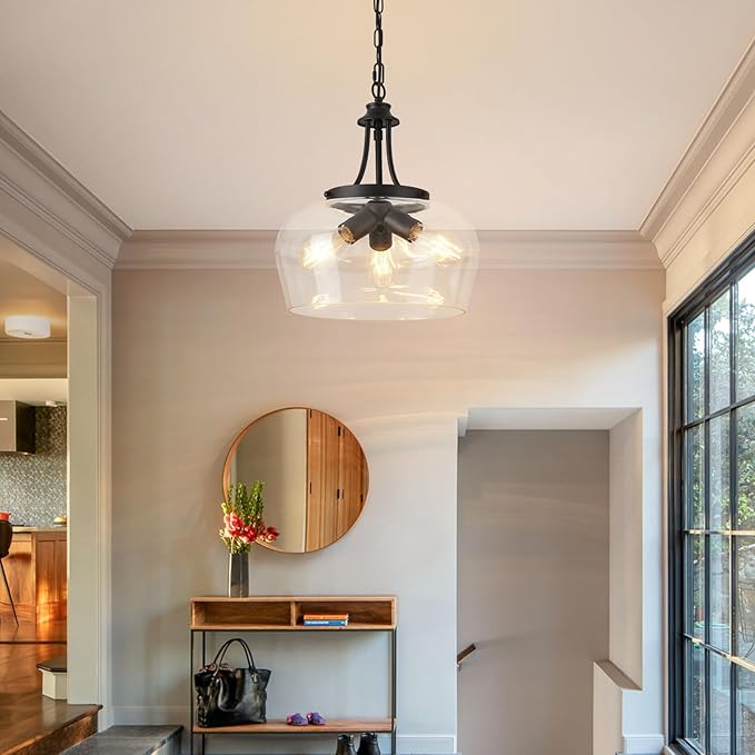 14.2" Modern Pendant Lights Kitchen Island, 3-Light Matte Black Pendant Light Fixtures with Clear Glass Shade, Industrial Hanging Pendant Lights Fixture for Kitchen Island Dining Room Bedroom Entryway