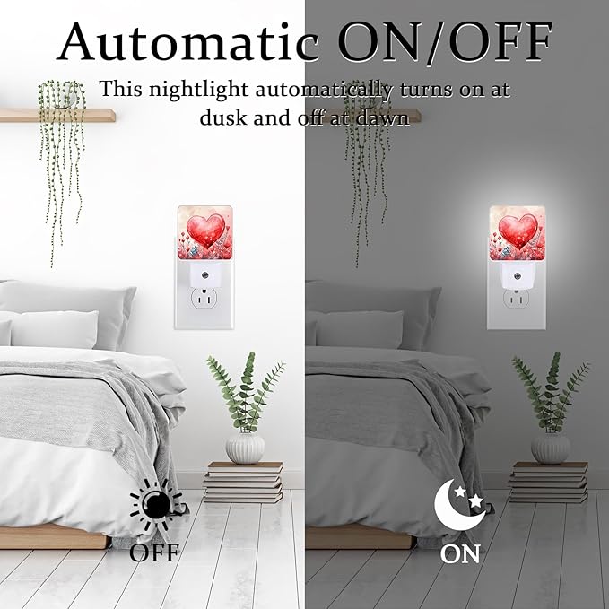 Red Sweet Hearts Night Light, Plug-into Wall Valentine's Flower Love Heart Nightlight Lamp with Dusk to Dawn Sensor, Led Lamp 0.5W Energy Efficient for Boys Girls Adults Home Decor