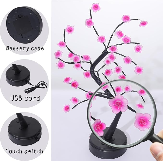 Meonua Cherry Blossom Tree Lamp, 18inch 36 Led Bonsai Tree Lights, Battery/USB Operated Japanese Decor Night Lights for Bedroom Home Idea(Warm White)