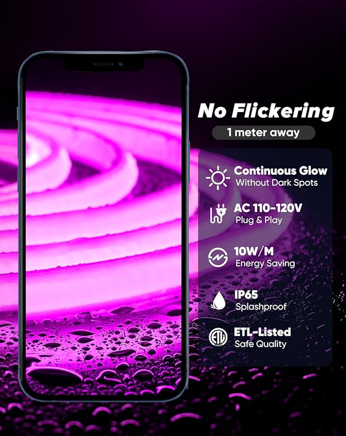 Shine Decor COB LED Rope Light AC 120V, 800lm Ultra Bright, IP65 Waterproof Cold-Resistant ETL Neon Strip, No Driver Tape Lighting for Home Commercial 10x4.5mm, Purple, 32.8ft