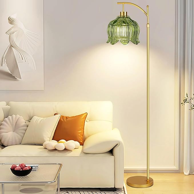 Green Floor Lamp for Living Room,Bedroom,Gold Dimmable Standing Lamp with Remote,Mid Century Modern Brass Tall Lamp Boho Floor Lamps Arc Vintage Glass Flower Floor Light Lamp Girls Bohemian