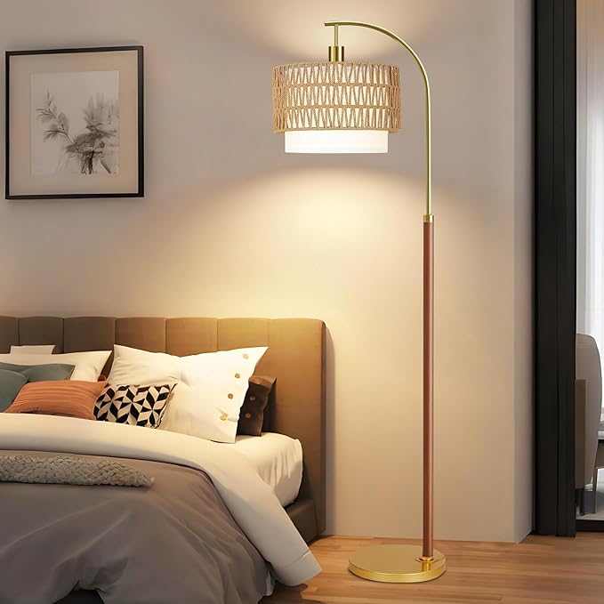 Boho Floor Lamps for Living Room Wood Floor Lamp with Remote Control,Dimmable Rattan Floor Lamps Farmhouse Gold Standing Lamp with 3 Color Temperature Tall Arc Floor Lamp for Bedroom Corner